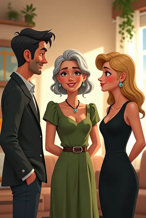 Grey-haired lady in green dress next to yellow-haired woman in black dress talking to a man realistic cartoon