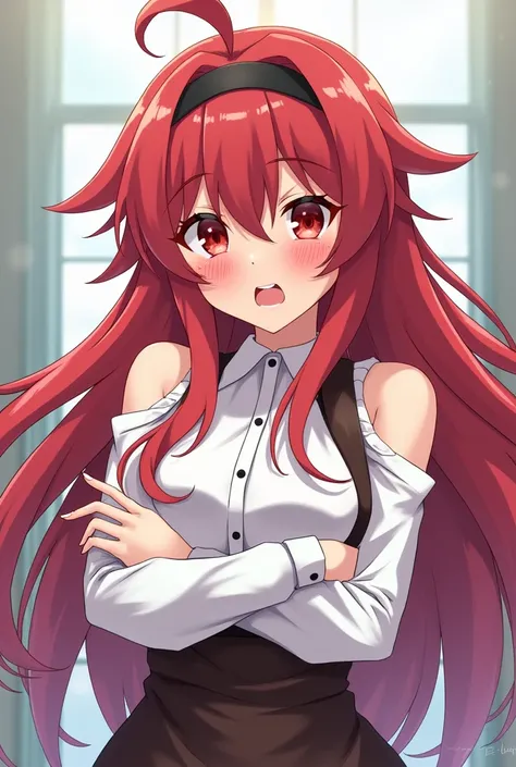 eris greyrat, 1 , Alone,  long hair, ahoge,  red eyes,  red hair , bare shoulders,hairband,  arms crossed,Blush, skirt,  Black Hair Band, breasts,  highlighted sleeves ,fringe,  hair between the eyes , long sleeves,  hair flaps ,  with your mouth shut, bla...