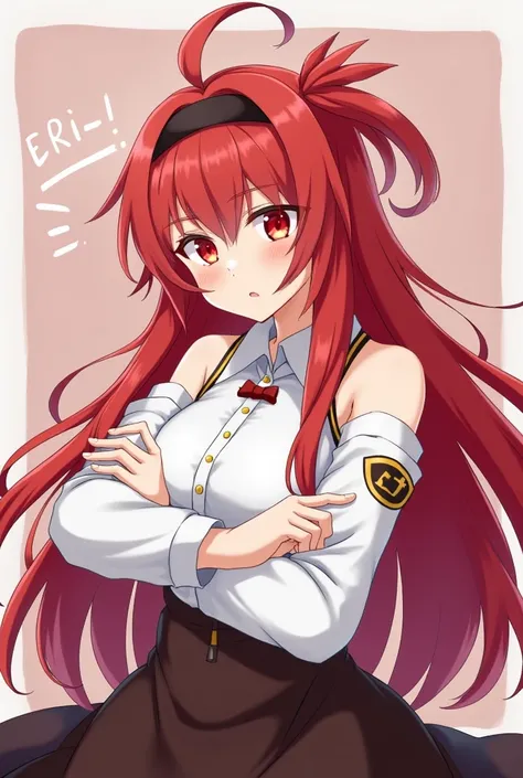 eris greyrat, 1 , Alone,  long hair, ahoge,  red eyes,  red hair , bare shoulders,hairband,  arms crossed,Blush, skirt,  Black Hair Band, breasts,  highlighted sleeves ,fringe,  hair between the eyes , long sleeves,  hair flaps ,  with your mouth shut, bla...