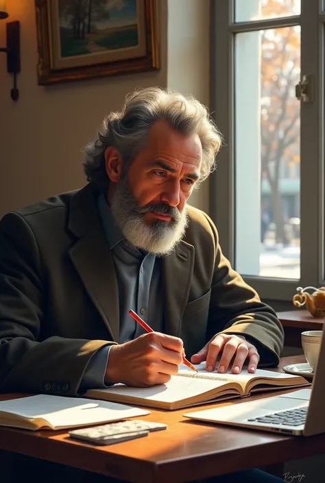  Recreate the image of a man with a gray beard,  now living in Bergamo , Italy, ( where he is studying masters degree at the University of Bergamo) reading a book,  or studying at a table with handouts , some books and a computer  (laptop),  pencil in hand...