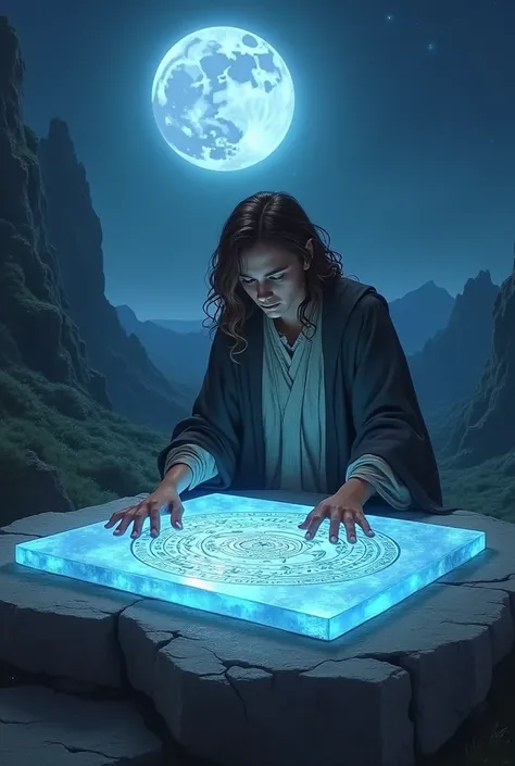 Young adult wizard reading moon runes on a solid crystal altar by the light of the full moon