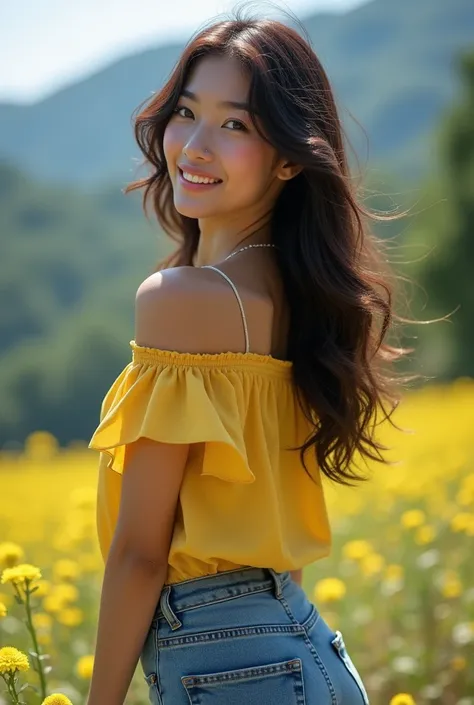  Beautiful girl with dark brown wavy hair without bangs;  blouse from Brazil ; short curto jeans; white sandal on her feet ;  brown eyes ;  scenery of the country of Japan ; with a beautiful smile 