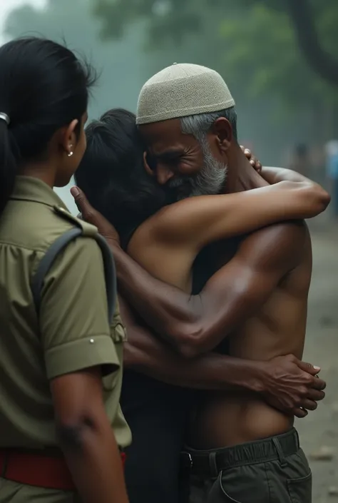 indian widow teen girl in police dress standing backward on camera watching in camera . Indian shirtless muslim oldman cuddling, crying on the chest 