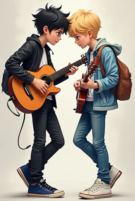  An attractive boy with black hair ,  black eyes, camisa blanca, dark blue sneakers ,  black jacket ,  black jeans plays his red and white guitar with his blond friend with sky blue eyes,  white sneakers , Blue jeans, camisa blanca, light blue jacket, Who ...