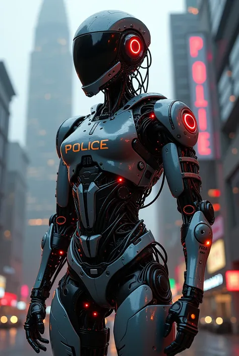 Fictional scenes a robot from a man of a police officer ,weapons,  with several wires in the body human part circulatory system,cybernetic,lights,motor,red and silver,Futurism,standing position,writing police,city in Rio De Janeiro