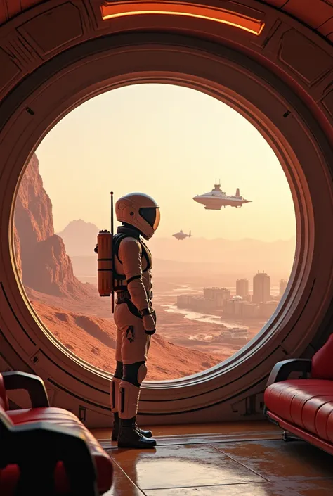 a interior of a spaceship with a large window that show a new colony in planet mars showing the daily human activities, spaceship, future car  and a man with a special suit and helmet  in a coline overlook the city