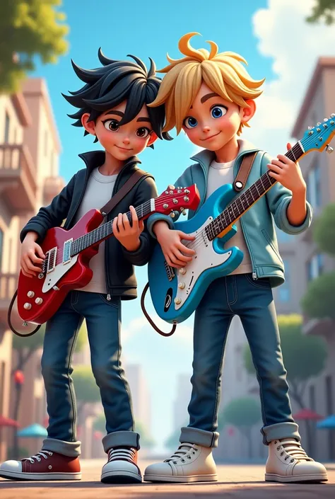  An attractive boy with black hair ,  black eyes, camisa blanca, dark blue sneakers ,  black jacket ,  black jeans plays his red and white guitar with his blond friend with blue eyes,  white sneakers , Blue jeans, camisa blanca, light blue jacket, Who play...