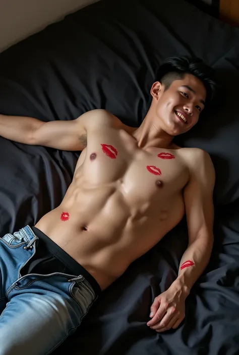 A toned Korean mans body, depilated, no beard, smirk, athletic, sunkissed,  lying on a bed with black sheets .  He has lipstick marks on his body ,  open jeans showing a black boxer.  dynamic pose  