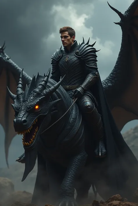 a brown haired man with black and armor, he is riding a black dragon