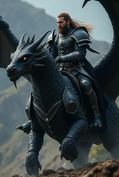 a brown haired man with black and armor, he is riding a black dragon realistc 8k