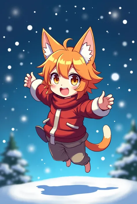 Orange cat boy Christmas anime and blue background and orange hair 