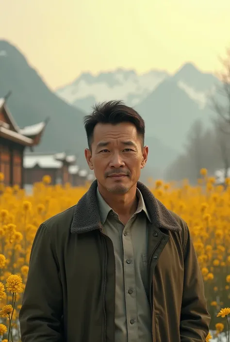 Realistic,  Thai man 45 years under cut dark brown hair, wearing shirt and coat, standing in front of yellow cockscomb garden , snowy mountains on the background, foggy day, yellow -blue sky , winter atmosphere 