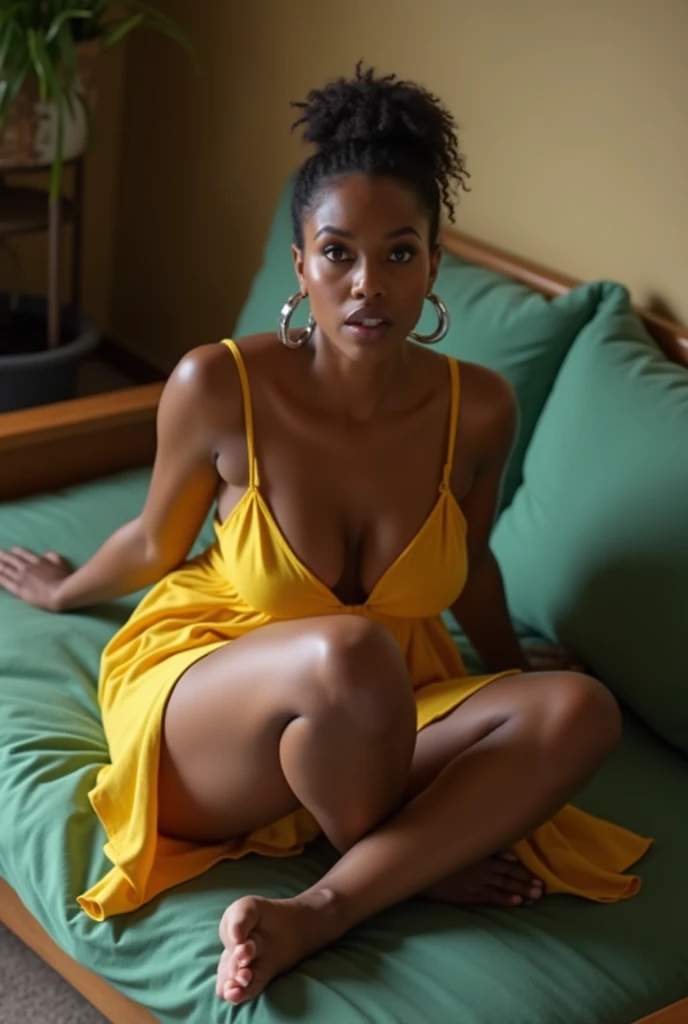 40 year old african american woman, hair pulled back in bun, silver hoop earrings, shapely figure, wearing a yellow sundress, bare feet, cleavage, seductive facial expression, looking at camera, lying down on her back on a green futon in the living room