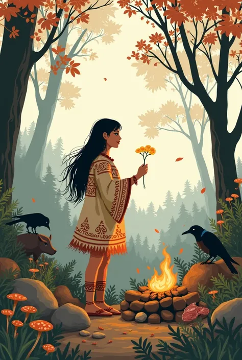  Minimalist illustration of a prehistoric woman collecting berries and roots in a dense forest.  She is wearing a skin coat decorated with red ochre patterns . Around her ,  trees with browning leaves , des fougères et des champignons sauvages.  A campfire...