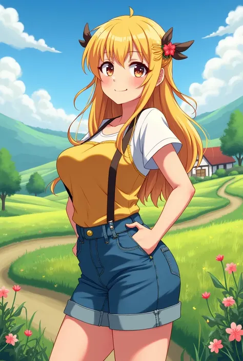 anime styled county girl with blonde hair and a curvy body