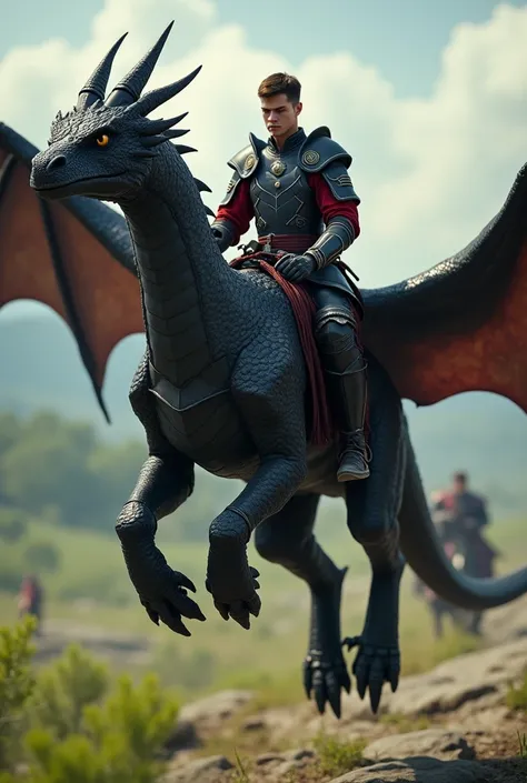 a young man with no beard and brown hair with black and red armor, he is riding a black dragon in a training field realistc