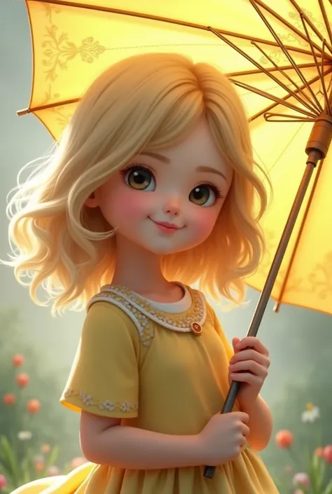 full image shoot photorealistic Cute girl blonde wave hair with cream yellow umbrella.