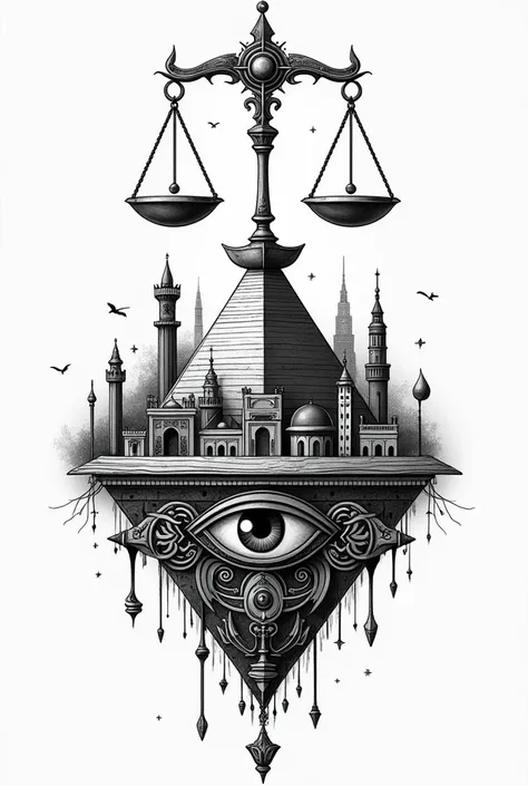  Create an image where a scale  ( The sign of Libra  ) Above a pyramid with one eye that sees everything and behind it has a back ground like from Arab countries and also famous parts of Barcelona Ibiza and China This design should like black and white TAT...