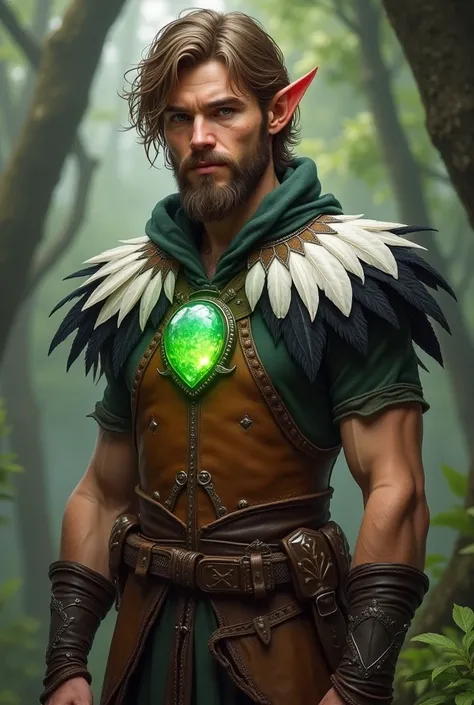 Make an RPG character, He is an elf of 1 ,78 meters,  white skin and medium size light brown hair ,  with an unsightly beard.  He is wearing a brown leather gibbon with a cover of white and black feathers,  and in the middle of the gibbon he has a green cr...