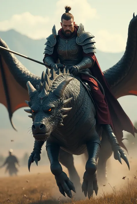 a man with no beard and brown hair with black and red armor, he is riding a black dragon in a training field realistc