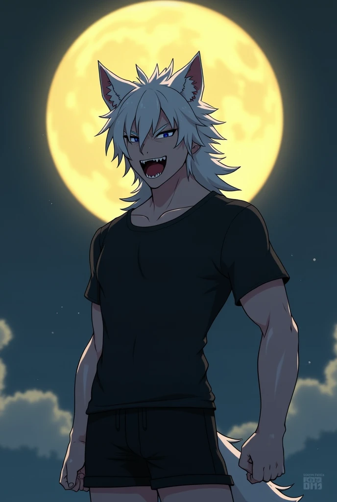 An animate male person with an open mouth white hair black shirt black shorts wolf ear night bright yellow moon 