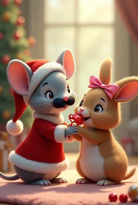  Light gray mouse with Santa Claus hat and black mustache playing with a brown rabbit with a small red pacifier in her mouth, ears down and pink ribbon on the head