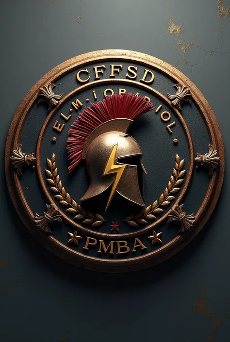 Create a circular coat of arms containing the names CFSD and the name PMBA and in the center a Roman helmet and a lightning bolt on the back 