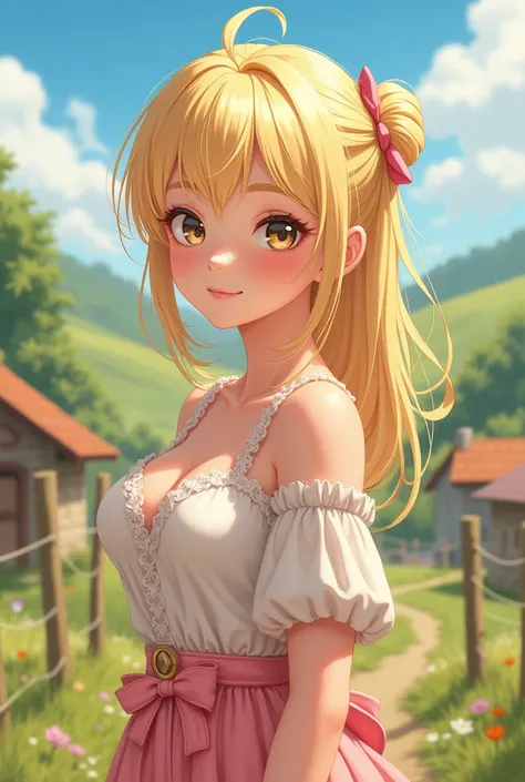 anime cutecore styled county woman with blonde hair and a curvy bit a little skinny a little chunky body with big boobs and a big butt