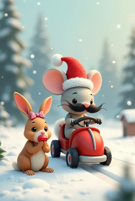 Light gray mouse with Santa Claus hat and black mustache driving next to a brown hare with a small red pacifier in its mouth, ears down and pink ribbon on the head