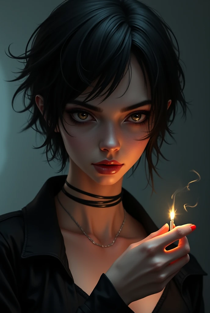 a beautiful young woman, smoker,  big and tired eyes, thin lips,  short hair, She is a villain  