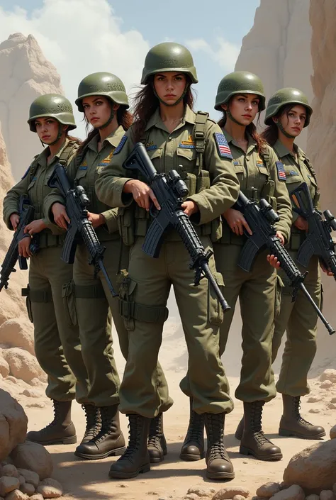 Five female soldiers standing with their weapons in their hands wearing a US military suit