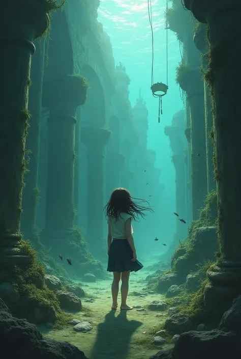 barefoot girl standing in underwater ruins