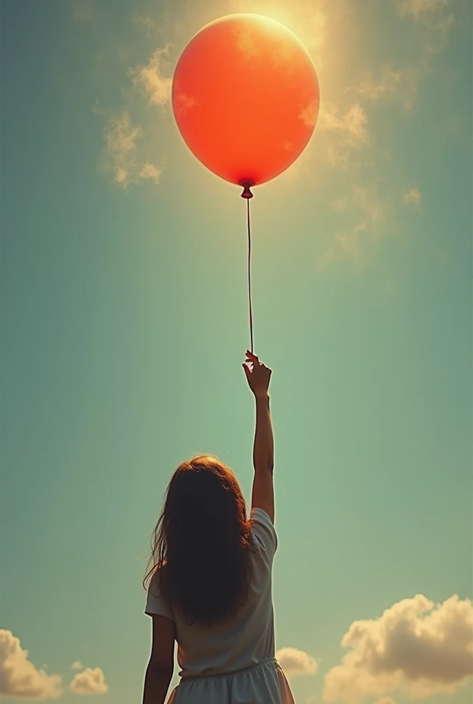  seen from the back, holding a balloon. 

Emphasis on the hand ,  holding the balloon. 