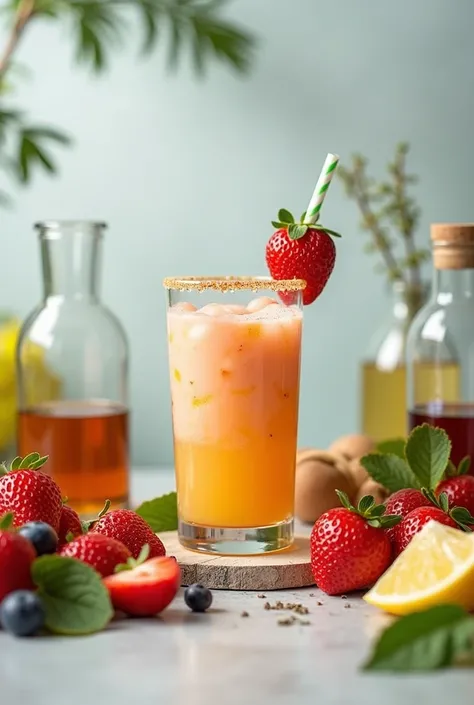  A table with organized ingredients  (fruits, herbs and bottles ),  a half-prepared shake and the text: " iCreate Your Own Fusion at Home !".
