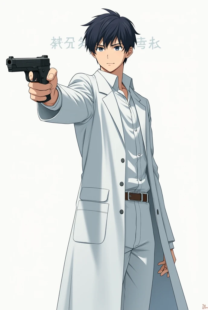 A 20-year-old man wearing a white coat and white chapel holding a gun ( anime style )