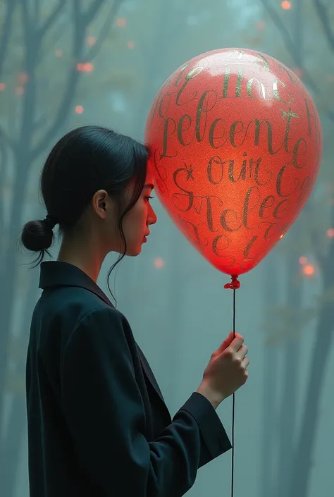  seen from the back, holding a balloon. 

Emphasis on the hand ,  holding the balloon. 

 Leave the s hair tied, like a. 

 And write on the Balloon ,  with reflective letters , and textures - GAPP 