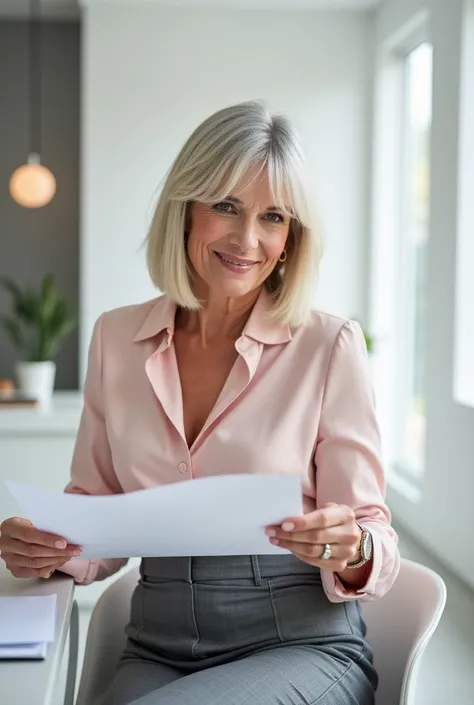 A 45-year-old woman with shoulder-length light blonde hair (without bangs), gray-blue eyes, and a medium build. She is dressed in a stylish pastel pink blouse and a gray tailored skirt. The background shows a bright and modern office space with white walls...