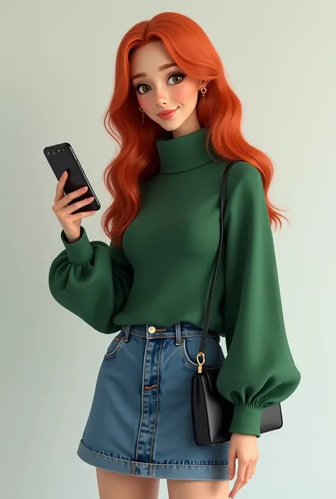 A realistic .  A kind 20-year-old woman , light skin,  wears a green blouse with a high collar made of wool ,  denim skirt and a black long-top boot ,  long red hair .
 Holds a smartphone with her right hand and , With your right hand, Point to the smartph...