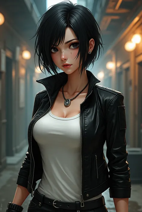  Create an image of my character from resident evil Lea Wisher is a 19-year-old girl with an impressive presence and an appearance that reflects both her strength and determination. Her hair is short, , an intense black that shines under light ,  framing h...