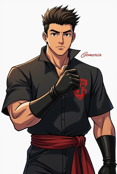  Male character looking from the front a little tilted to the left raising his right arm and wearing black gloves and his thumb up.  that you can only see him from the waist to the head  ,  and above to say  "Gomeria el Facha "