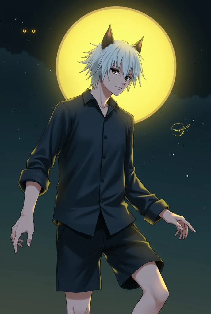 A male person animates white hair black shirt black shorts ear of wolf night bright yellow moon with eyes black and shiny and open