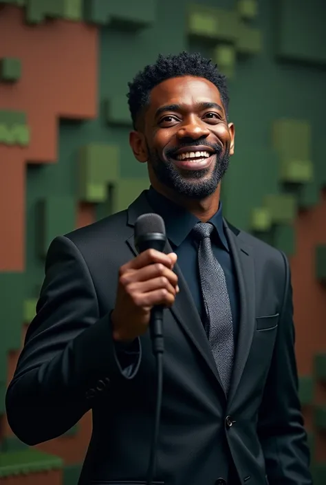 Minecraft square style, 51-year-old man, black skinned,  with his hair color black with a social cut ,  wearing a black tailoring suit and a blue-gray tie, hes smiling serenely ,  hes holding a microphone stick and looking to the side ,  .