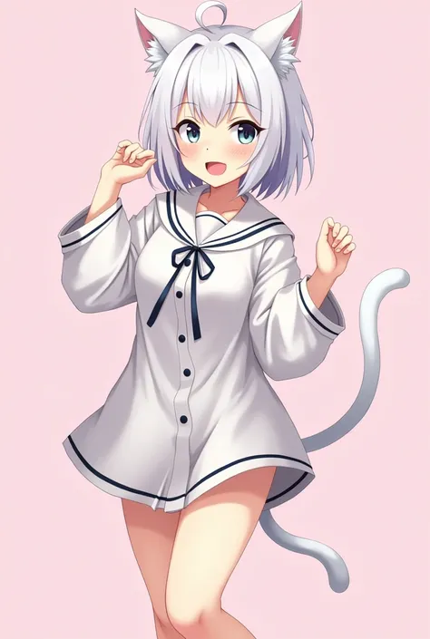 anime masterpiece,  a beautiful white-haired cat girl wearing a school dress with a big plush cats paw.  The girl has a loose shirt with a long loose tie ,  dropped shoulder shirts ,  and a cute mini skirt . 
 She has cute details of a Neko face , a roarin...