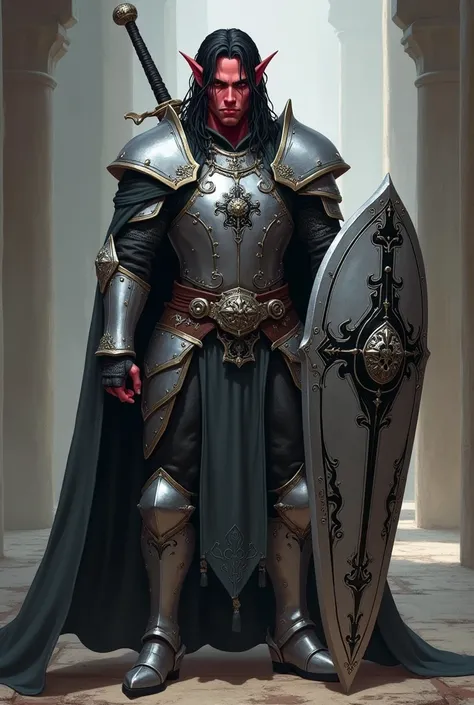 A male tiefling paladin with black hair and a slightly lighter shade of red than normal who has silver armor and black details that wears a necklace, He has a sword and a shield 