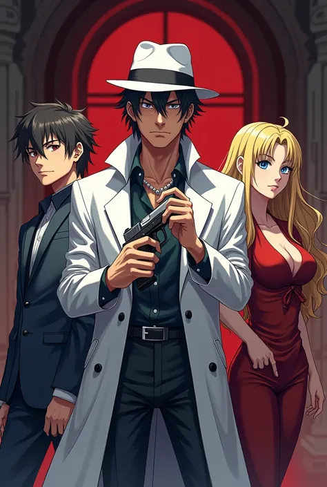 A 19 year old young man ,  a 23-year-old blonde woman  ,  A 22-year-old man in a white coat with a white hat holding a gun, they are mobsters  ( anime style )