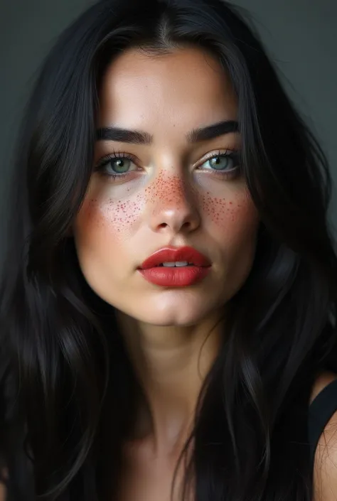  Woman
- A young woman with a diamond-shaped face  , without freckles, grey eyes,   long silky black hair  ,   Long and voluminous eyelashes  ,  and fuller red lips with freckles  .
  the descriptions highlight the following features :

 - Young age
- Blac...