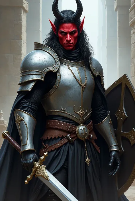 A male tiefling paladin with black and slightly long hair ,  a shade of red slightly lighter than normal that has silver armor and black details that wears a necklace, He has a sword and a shield 