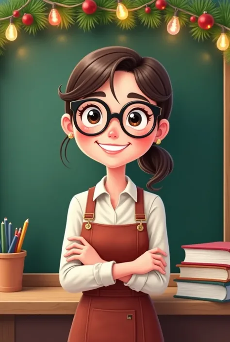 Cartoon of Teacher ,  young woman smiling,  glasses, small eyes,  white skin , Gorda, long sleeve blouse,  tied hair , book in hand, blackboard background with Christmas garland with lights 

