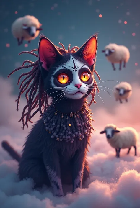 Cat with braids ,  dreadlocks and with skull makeup ,  three sheep flying in the corner above a cloud.  Christmas themed image colors burgundy , poison purple and gold .