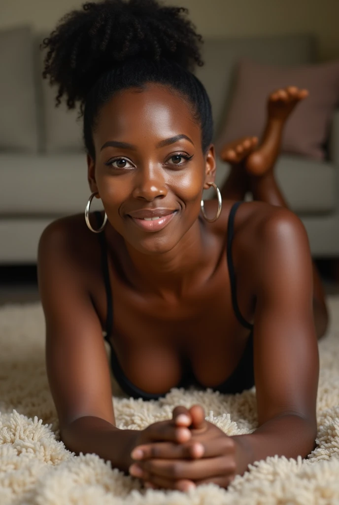 40 year old african american woman, hair pulled back in bun, silver hoop earrings, shapely figure, fully nude, satiated exhausted facial expression, lying on a beige carpeted floor in the living room